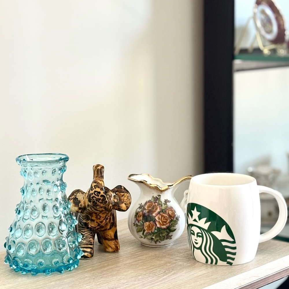 4 pieces set:Starbucks Mug,Vase blue, elephant figure, floral mini vase